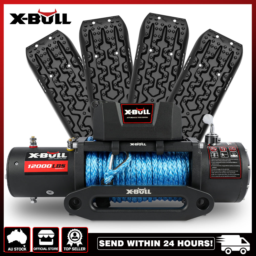 A heavy-duty X-BULL 12V Electric Winch 12000LBS synthetic rope with 4PCS Recovery Tracks Gen3.0 Black with a bright blue rope coiled around it is displayed, featuring a powerful control box for smooth operation. Behind the winch, four traction boards are arranged in a fan-like pattern. The image includes logos and text highlighting features like "Send within 24 hours" and "Top Seller.