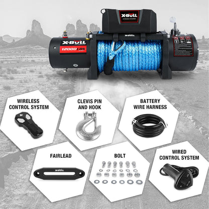 A heavy-duty X-BULL 12V Electric Winch 12000LBS synthetic rope with 4PCS Recovery Tracks Gen3.0 Black with a bright blue rope coiled around it is displayed, featuring a powerful control box for smooth operation. Behind the winch, four traction boards are arranged in a fan-like pattern. The image includes logos and text highlighting features like "Send within 24 hours" and "Top Seller.