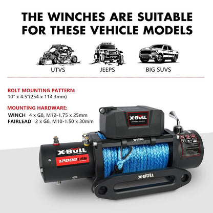 A heavy-duty X-BULL 12V Electric Winch 12000LBS synthetic rope with 4PCS Recovery Tracks Gen3.0 Black with a bright blue rope coiled around it is displayed, featuring a powerful control box for smooth operation. Behind the winch, four traction boards are arranged in a fan-like pattern. The image includes logos and text highlighting features like "Send within 24 hours" and "Top Seller.