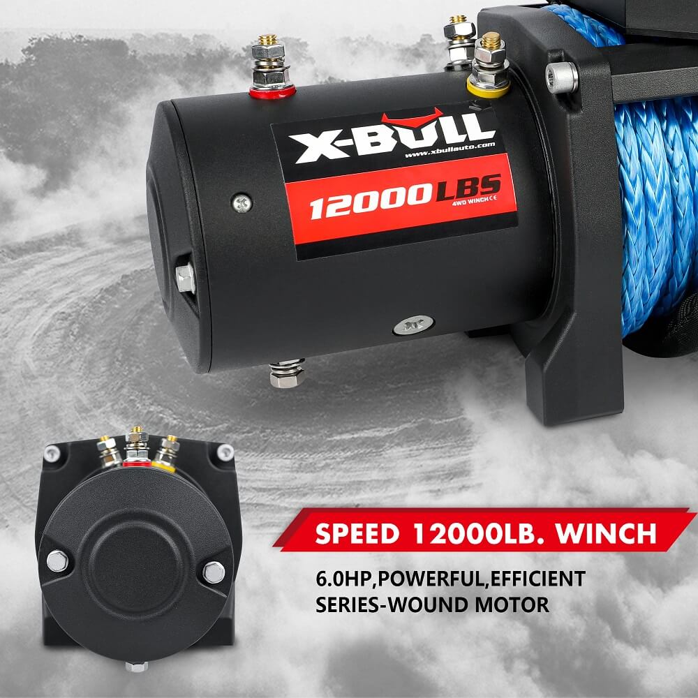 A heavy-duty X-BULL 12V Electric Winch 12000LBS synthetic rope with 4PCS Recovery Tracks Gen3.0 Black with a bright blue rope coiled around it is displayed, featuring a powerful control box for smooth operation. Behind the winch, four traction boards are arranged in a fan-like pattern. The image includes logos and text highlighting features like "Send within 24 hours" and "Top Seller.