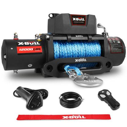 A heavy-duty X-BULL 12V Electric Winch 12000LBS synthetic rope with 4PCS Recovery Tracks Gen3.0 Black with a bright blue rope coiled around it is displayed, featuring a powerful control box for smooth operation. Behind the winch, four traction boards are arranged in a fan-like pattern. The image includes logos and text highlighting features like "Send within 24 hours" and "Top Seller.