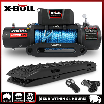 Image of a heavy-duty X-BULL 12000LB Electric Winch 12V synthetic rope 4WD with Recovery Tracks Gen3.0 Black, featuring blue synthetic rope. The winch is accompanied by traction boards, a remote control, and mounting hardware. Icons indicate features such as AU stock, official store, top seller, and 24-hour shipping.