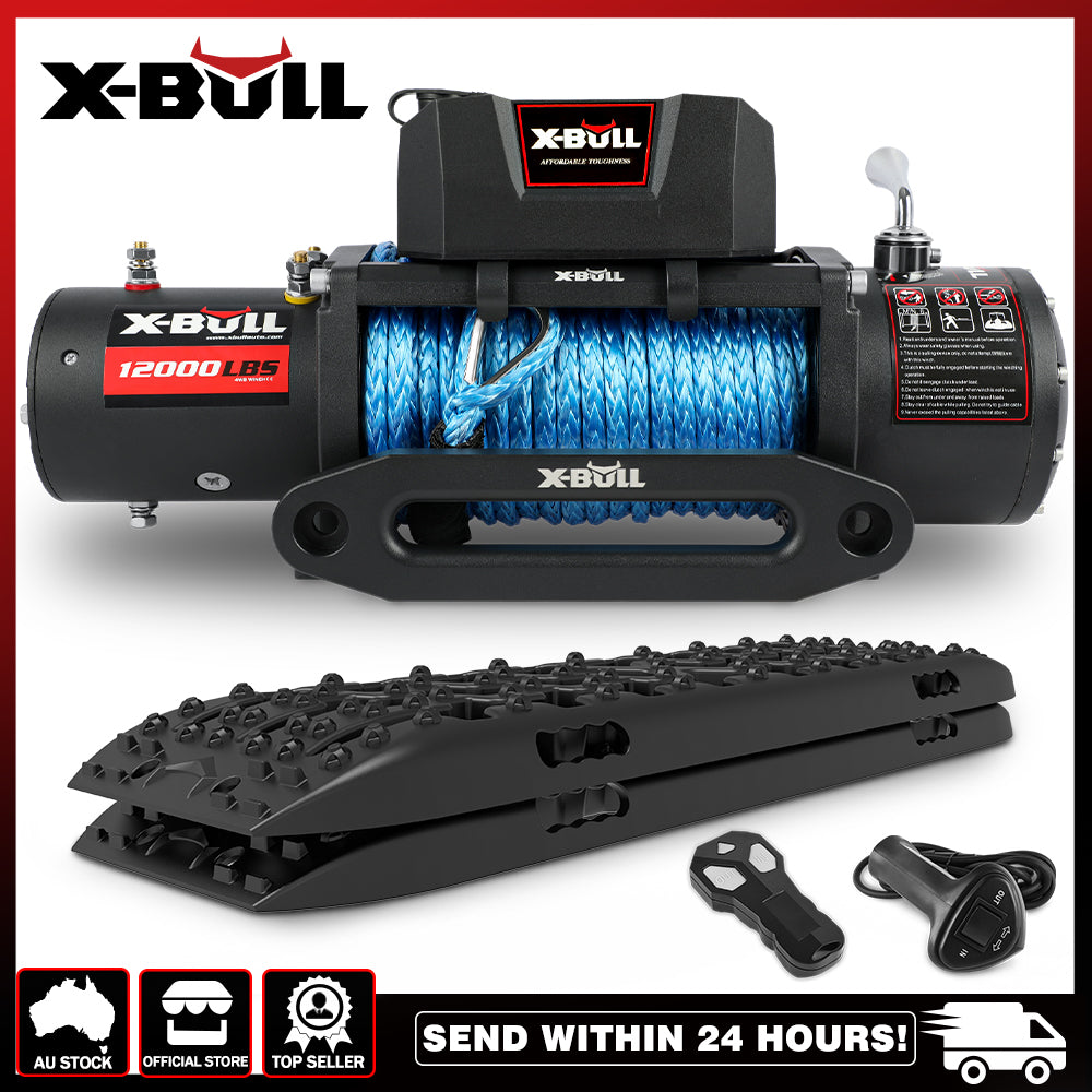 Image of an X-BULL 12V Electric Winch 12000LBS 4WD synthetic rope with 2PCS Recovery Tracks Boards Gen3.0 Black in black with a blue synthetic rope. The kit includes off-road traction tracks, a wireless remote, and control switch with an integrated control box. Text overlays highlight features like "AU Stock," "Official Store," "Top Seller," and "Send Within 24 Hours!