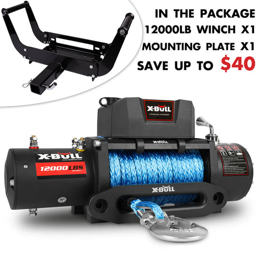 An X-BULL 4x4 Electric Winch 12V 12000LBS synthetic rope 4WD Car with winch mounting plate is shown. The package includes the winch, a control box, and a mounting plate, with a note that purchasers can save up to $40. The mounting plate is featured in the top left corner with a black finish and U-shaped design.