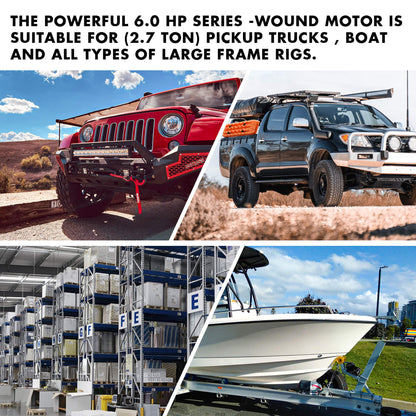 An X-BULL 4x4 Electric Winch 12V 12000LBS synthetic rope 4WD Car with winch mounting plate is shown. The package includes the winch, a control box, and a mounting plate, with a note that purchasers can save up to $40. The mounting plate is featured in the top left corner with a black finish and U-shaped design.