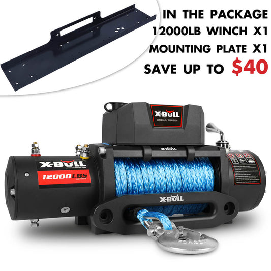 Image of a X-BULL 12000LBS Electric Winch 12V 4x4 synthetic rope 4WD Car with winch mounting plate, with a blue synthetic rope wrapped around it and a metal hook at the end. The package includes the winch, a mounting plate with high temperature resistance, and promotional text advertising a $40 savings. A black mounting plate is shown on the top left.