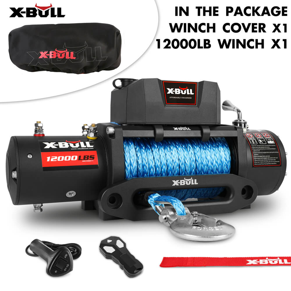 A black X-BULL 12V Electric Winch 12000LBS synthetic rope 4wd Jeep with winch cover platform with a blue synthetic rope is shown along with a winch cover and remote controls. The label on the image reads "IN THE PACKAGE: WINCH COVER X1, 12000LB WINCH X1." The winch and accessories are set against a plain white background.