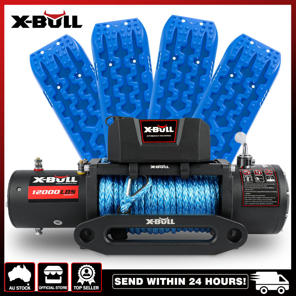 An X-BULL 12V Electric Winch 12000LB Synthetic Rope with 4PCS Recovery Tracks Sand Mud Track Gen3.0 Blue displayed behind it. The image includes text saying "SEND WITHIN 24 HOURS!" above some icons and descriptions, all set against a white and red background. Features pure copper motors and a three-stage planetary system for maximum efficiency.