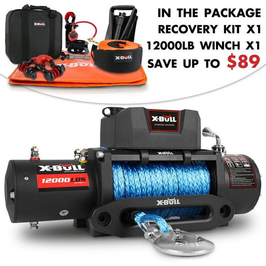 Image of an X-BULL Electric Winch 12000LB/5454kg 12V With 4WD Recovery Kits 11 PCS Offroad, paired with a recovery kit featuring various accessories. The promotional message highlights package contents and potential savings of up to $89. The winch boasts a blue synthetic rope, and the kit comes in a sleek black carrying case.