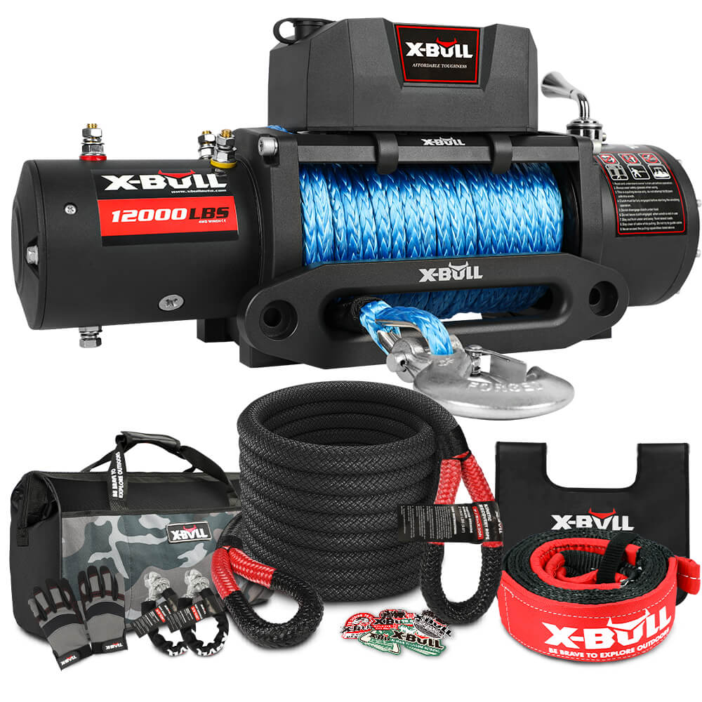 Image of a X-BULL 4WD Recovery Kit Kinetic Recovery Rope With 4WD Winch 12000LBS Electric Winch 12V 4X4 Offroad. Included are various accessories: a black and blue winch with hook, a black and red recovery strap, D-ring shackles, a protective cover, gloves, and a carrying bag—essential components of a comprehensive Recovery Kit.