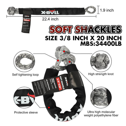 Image of a X-BULL 4WD Recovery Kit Kinetic Recovery Rope With 4WD Winch 12000LBS Electric Winch 12V 4X4 Offroad. Included are various accessories: a black and blue winch with hook, a black and red recovery strap, D-ring shackles, a protective cover, gloves, and a carrying bag—essential components of a comprehensive Recovery Kit.