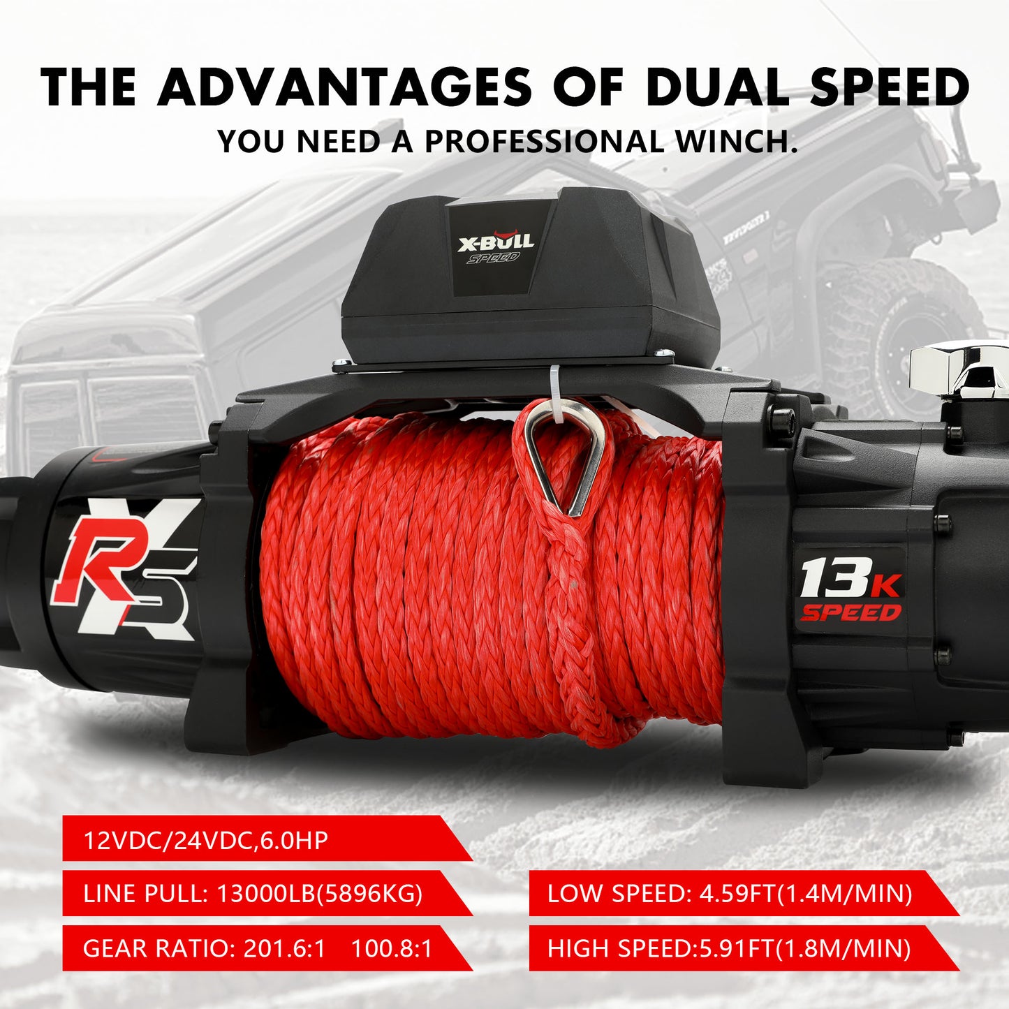 A black X-BULL Electric Winch 13000LBS 12V Synthetic Rope 28M Wireless Offroad 4WD 4x4 with red synthetic rope and a label indicating a 13,000 lbs pulling force is shown. Attached is a handheld remote control with a cord. The winch features a robust design suitable for off-road recovery or towing.