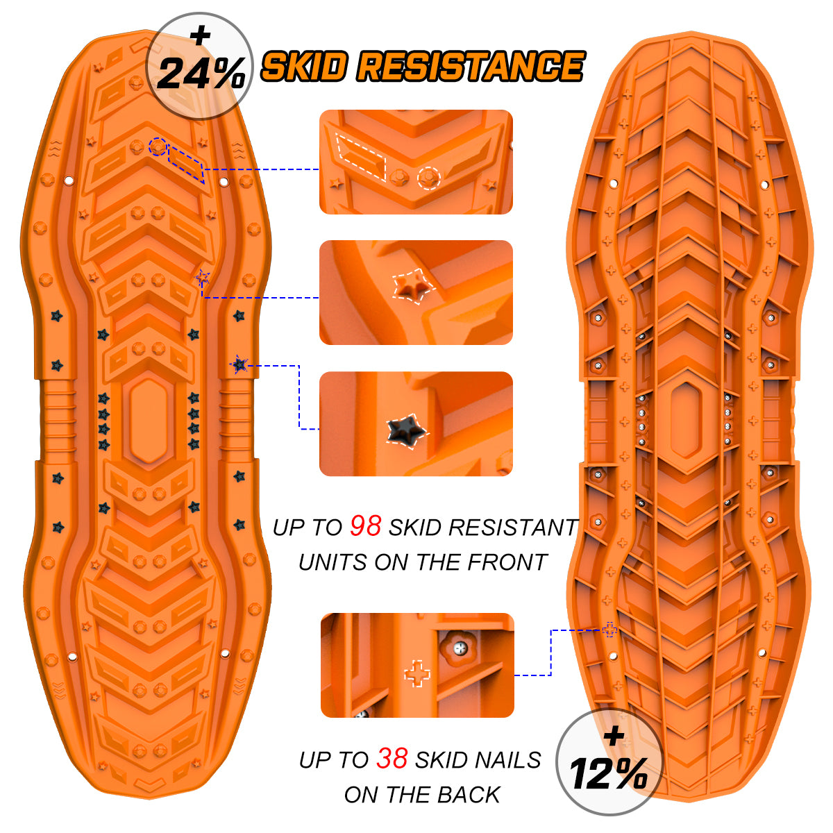 The image showcases two orange X-BULL Recovery Boards tracks kit 4WD Sand Snow trucks Mud Car Vehicles with UV resistance, designed for off-road 4X4 vehicles. Positioned upright against a yellow jeep in a rugged outdoor setting, the text highlights the product name "X-BULL" and mentions an extra 20 pieces of hardware included.