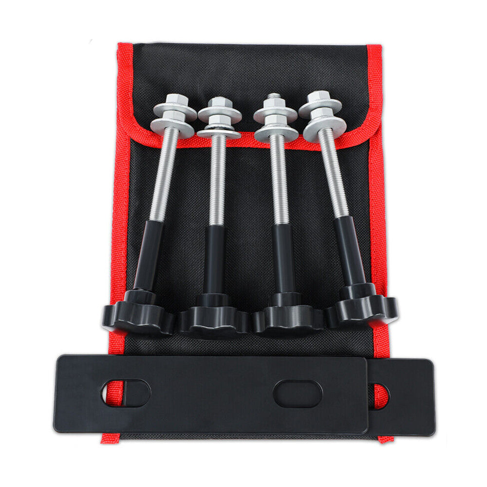 Four black and silver adjustable rods with knobs, possibly tool parts, are arranged vertically in an opened black and red pouch on a white background. Below the rods lies a black plastic rectangular piece with two oval cutouts, resembling the X-BULL Tracks Fixing Pins Mounting Kit Holders Roof Rack Mount Bracket 4WD 4x4.