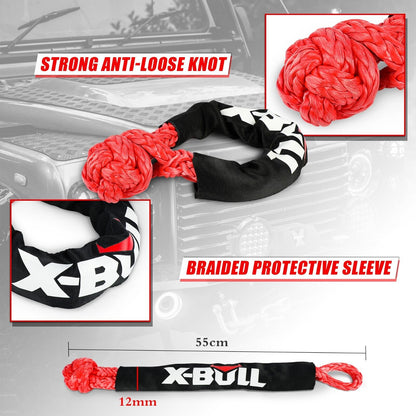 Image of a double braided Nylon 66 coiled red recovery strap with black protective ends, rated at 28600 lbs with dimensions 22mm x 9m and 12T load capacity. The text on the image indicates the brand 'X-BULL', also featuring a black carrying bag with the same logo in the background. Product Name: **X-BULL Kinetic Rope 22mm x 9m Snatch Strap Recovery Kit Dyneema Tow Winch**.

