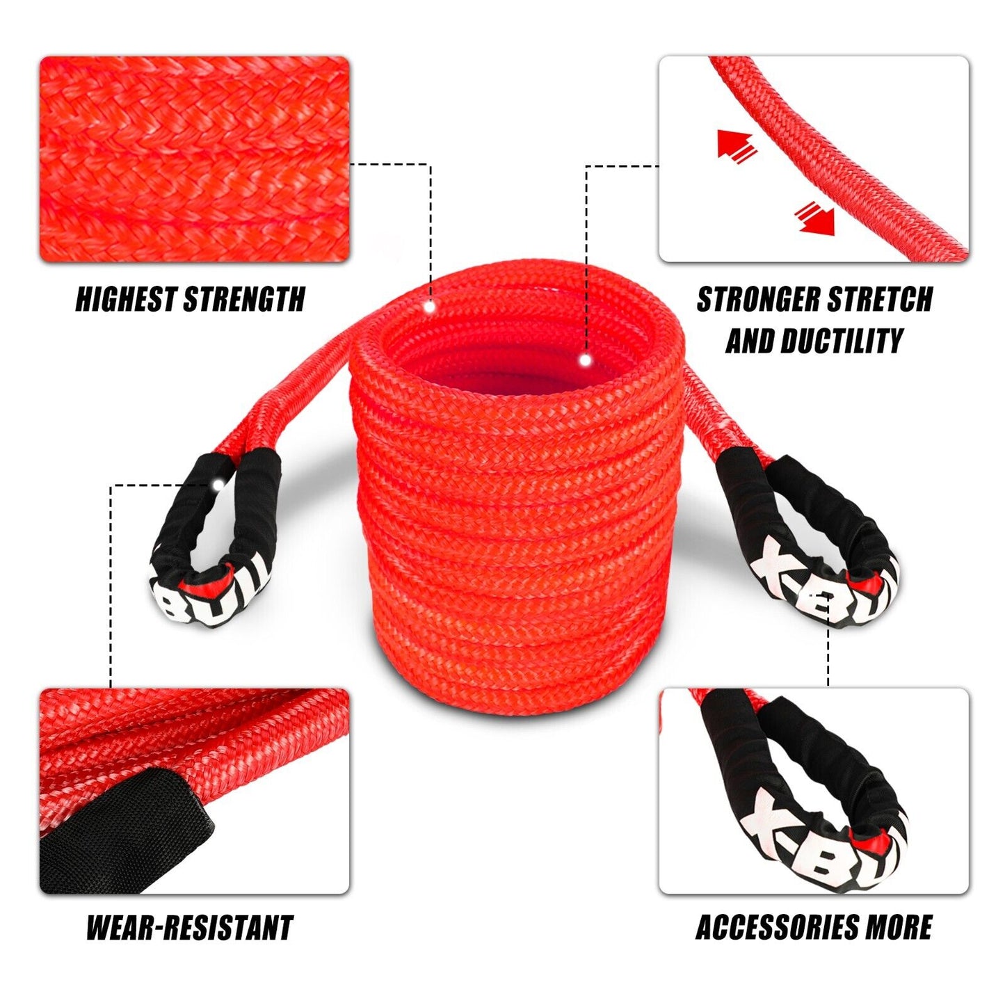 Image of a double braided Nylon 66 coiled red recovery strap with black protective ends, rated at 28600 lbs with dimensions 22mm x 9m and 12T load capacity. The text on the image indicates the brand 'X-BULL', also featuring a black carrying bag with the same logo in the background. Product Name: **X-BULL Kinetic Rope 22mm x 9m Snatch Strap Recovery Kit Dyneema Tow Winch**.

