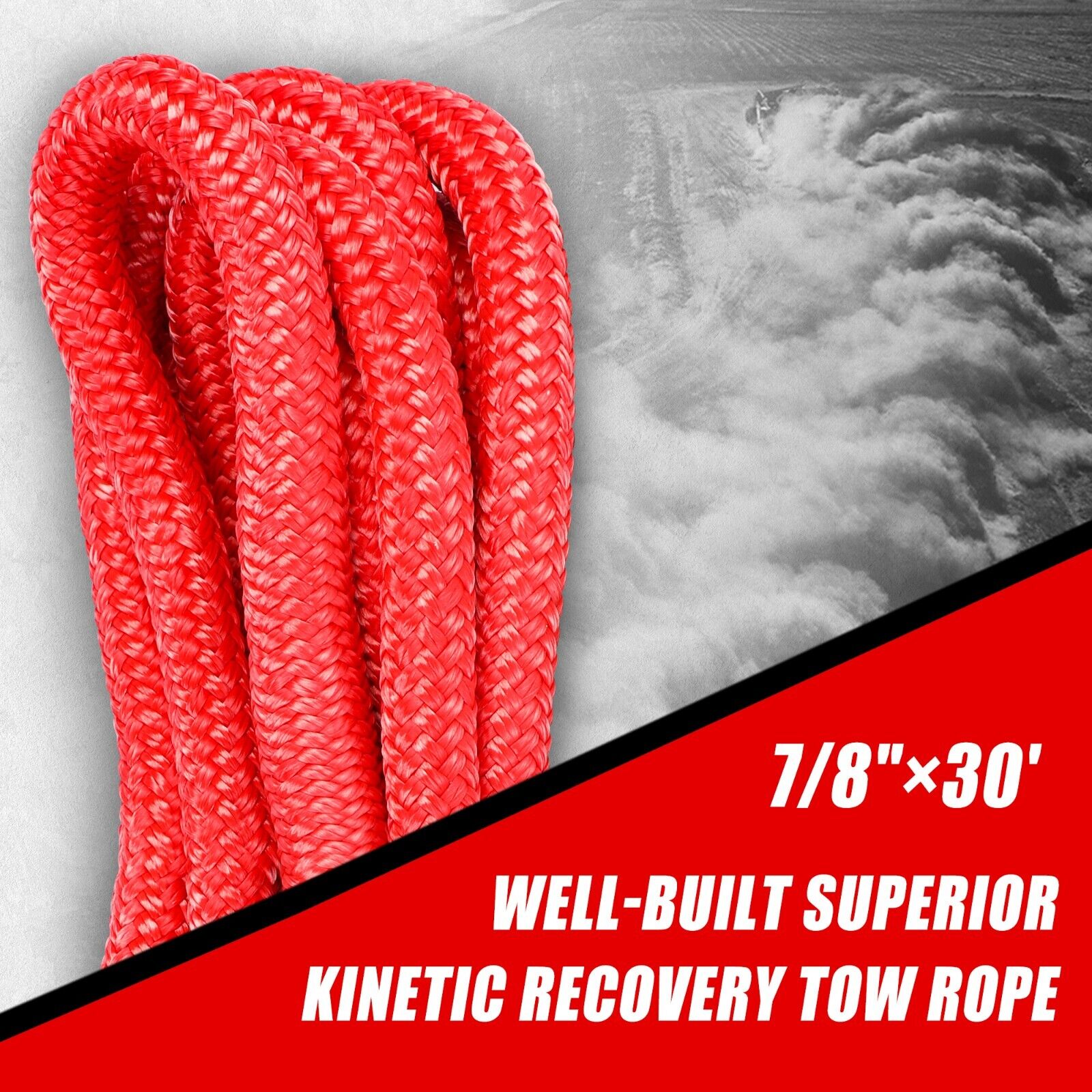 Image of a double braided Nylon 66 coiled red recovery strap with black protective ends, rated at 28600 lbs with dimensions 22mm x 9m and 12T load capacity. The text on the image indicates the brand 'X-BULL', also featuring a black carrying bag with the same logo in the background. Product Name: **X-BULL Kinetic Rope 22mm x 9m Snatch Strap Recovery Kit Dyneema Tow Winch**.

