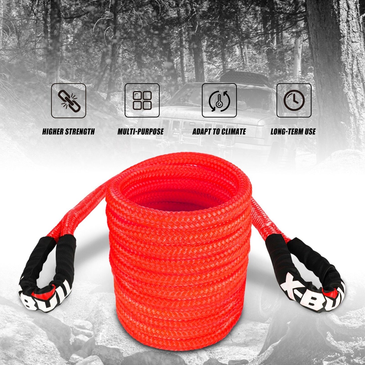 Image of a double braided Nylon 66 coiled red recovery strap with black protective ends, rated at 28600 lbs with dimensions 22mm x 9m and 12T load capacity. The text on the image indicates the brand 'X-BULL', also featuring a black carrying bag with the same logo in the background. Product Name: **X-BULL Kinetic Rope 22mm x 9m Snatch Strap Recovery Kit Dyneema Tow Winch**.

