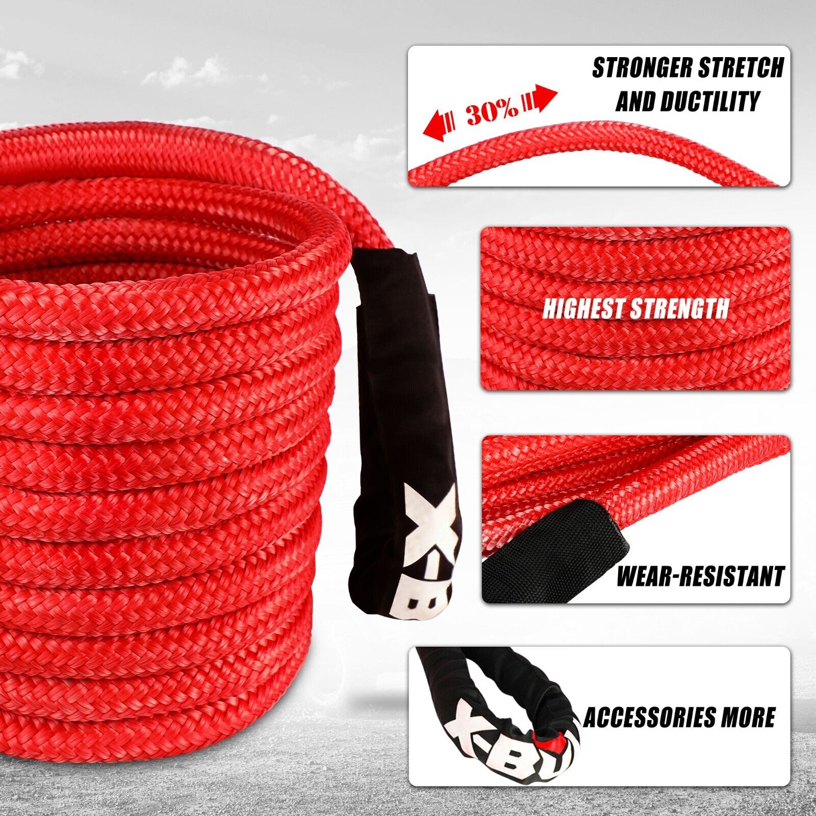 Image of a double braided Nylon 66 coiled red recovery strap with black protective ends, rated at 28600 lbs with dimensions 22mm x 9m and 12T load capacity. The text on the image indicates the brand 'X-BULL', also featuring a black carrying bag with the same logo in the background. Product Name: **X-BULL Kinetic Rope 22mm x 9m Snatch Strap Recovery Kit Dyneema Tow Winch**.

