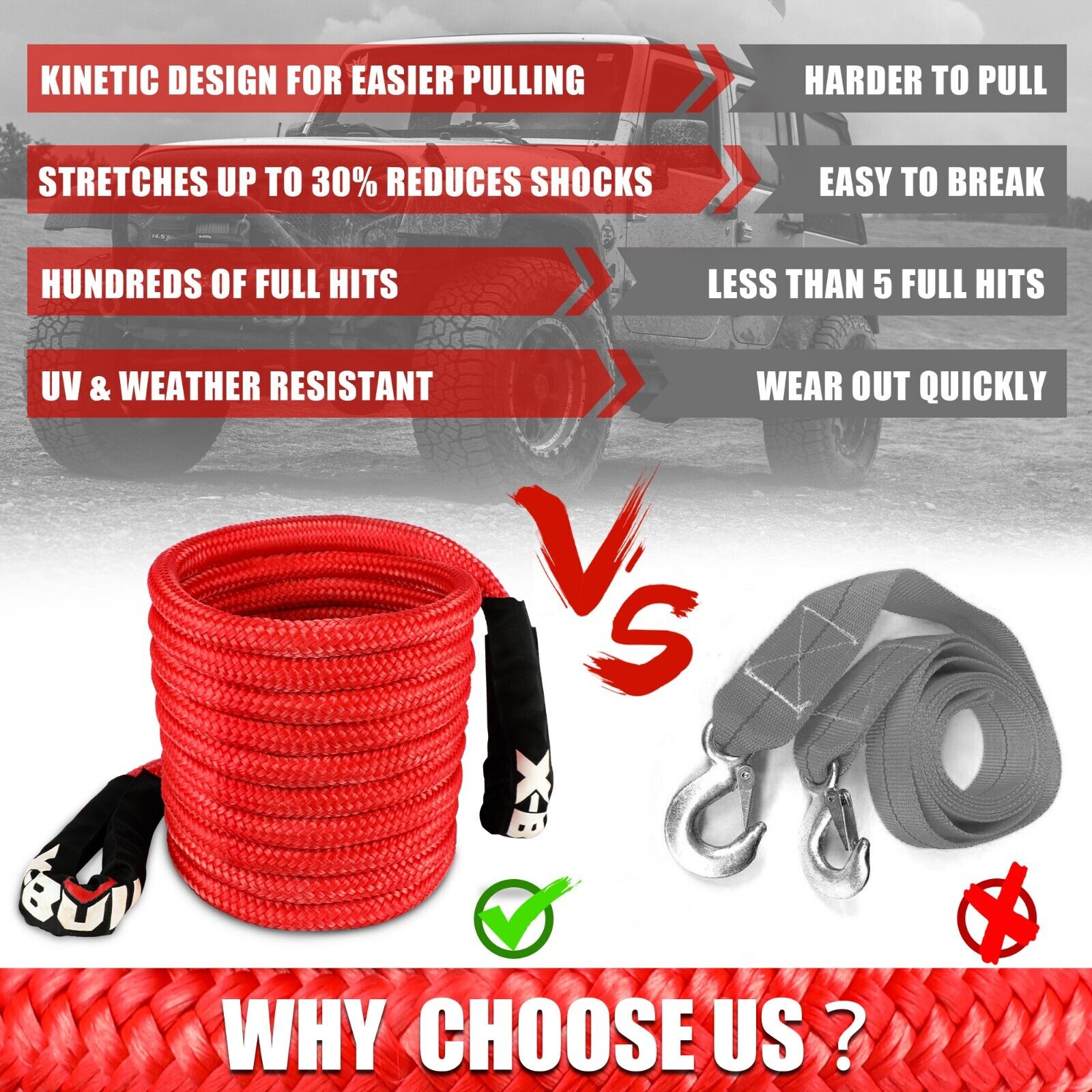 Image of a double braided Nylon 66 coiled red recovery strap with black protective ends, rated at 28600 lbs with dimensions 22mm x 9m and 12T load capacity. The text on the image indicates the brand 'X-BULL', also featuring a black carrying bag with the same logo in the background. Product Name: **X-BULL Kinetic Rope 22mm x 9m Snatch Strap Recovery Kit Dyneema Tow Winch**.

