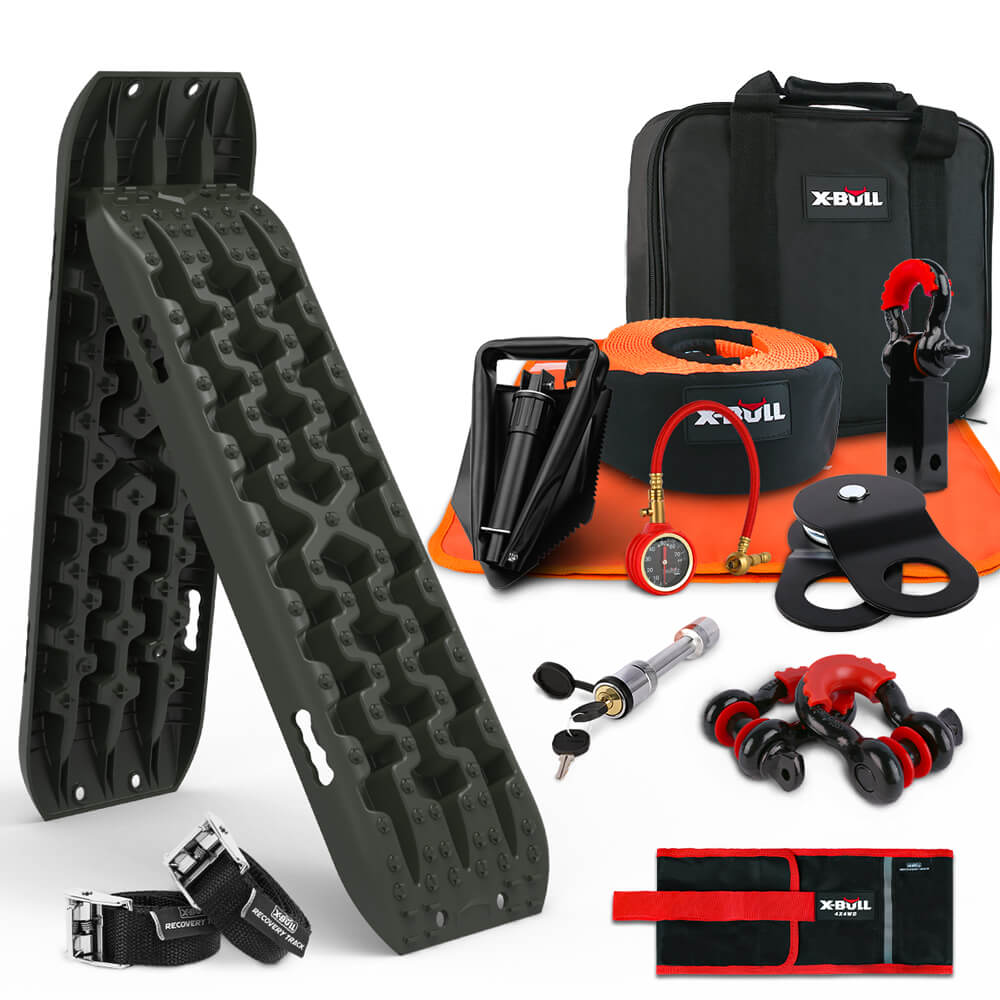 The image shows an off-road recovery gear set from X-Bull, labeled as an X-BULL Winch Recovery Kit Recovery Tracks Gen 3.0 Olive Boards Snatch Strap Off Road 4WD, including traction boards, a tire deflator, recovery hitch, D-ring shackles, a winch dampener, snatch block, recovery straps, and a carrying bag. The 4x4 accessories are neatly arranged and labeled.