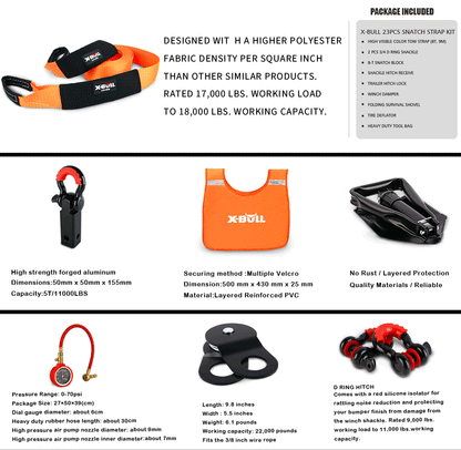 Image of an X-BULL Winch Recovery Kit Recovery Tracks Gen 3.0 Blue Boards Snatch Strap Off Road 4WD featuring blue traction boards, a black air compressor, an orange recovery strap, a black winch damper, a red and black snatch block, D-ring shackles, a tire deflator, a tire gauge, two black tow straps—part of a comprehensive winch accessory kit—and a carrying bag.