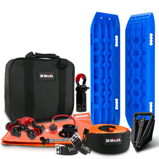 An X-BULL Winch Recovery Kit with Recovery Tracks Gen 2.0 Blue Boards Snatch Strap Off Road 4WD featuring blue traction boards, an orange tow strap, black and red shackles, a black shovel, a black storage bag with branding, a compass, gloves, and additional accessories. The items are arranged neatly against a white background.