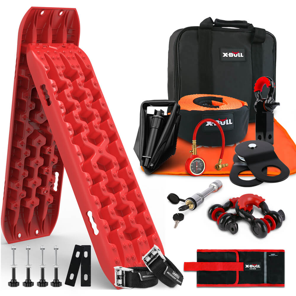 The X-BULL 4WD Recovery Kit Recovery Tracks Gen 3.0 Red Mounting Pins Snatch Strap Off Road 4X4 includes red traction boards, a black carrying bag, orange tow strap, tire deflator and inflator, D-ring shackles, snatch block, gloves, Recovery Tracks, and other essential off-road accessories with bolts and straps.