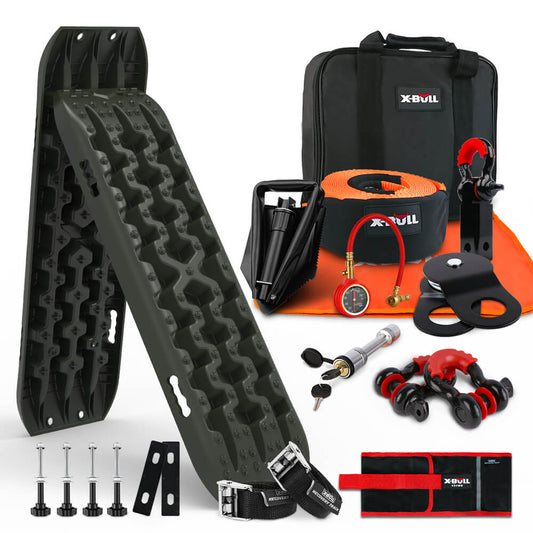 An assortment of off-road recovery gear including traction boards, shackles, a tow strap, a recovery hitch, a tire deflator, high lift jack, recovery pulley, and a storage bag. The kit includes black, orange, and red items with the brand name "X-BULL" visible. Perfect for winching accessories needs. Introducing the X-BULL 4X4 Recovery Kit Recovery Tracks Gen 3.0 Olive Mounting Pins Snatch Strap Off Road 4X4.