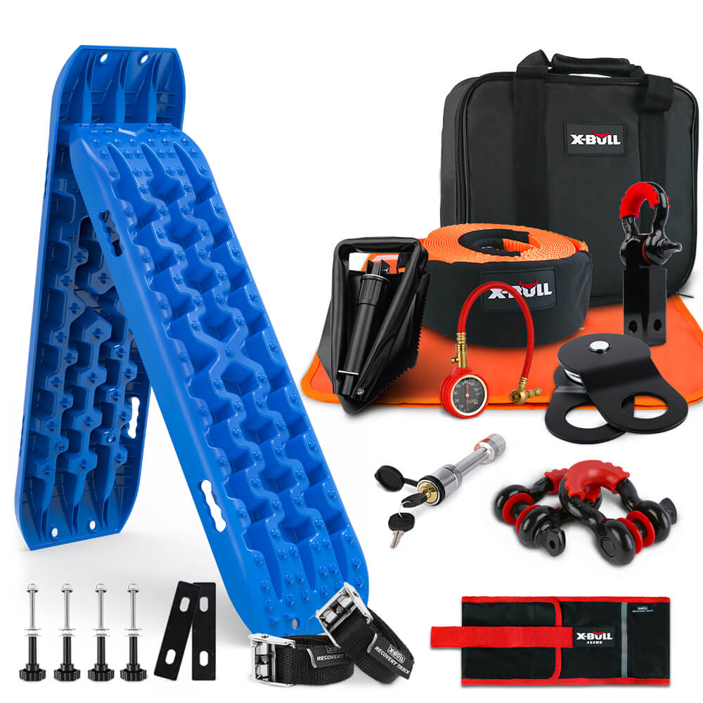 Recovery gear set featuring blue traction boards, various hooks, a tire deflator, a recovery bag, shackles, and associated hardware. This X-BULL 4X4 Recovery Kit Recovery Tracks Gen 3.0 Blue Mounting Pins Snatch Strap Off Road 4X4 is primarily black, red, and orange, with the items arranged neatly in a well-lit product display.