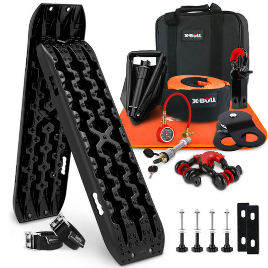 A **X-BULL 4WD Recovery Kit Recovery Tracks Gen 3.0 Black Mounting Pins Snatch Strap Off Road 4X4** is displayed, including black traction boards, a black bag with "X-BULL" branding, a black shovel, an orange recovery strap, a tire deflator, a snatch block, two red bow shackles, D-ring isolators, and various winch accessories for 4x4 winching.