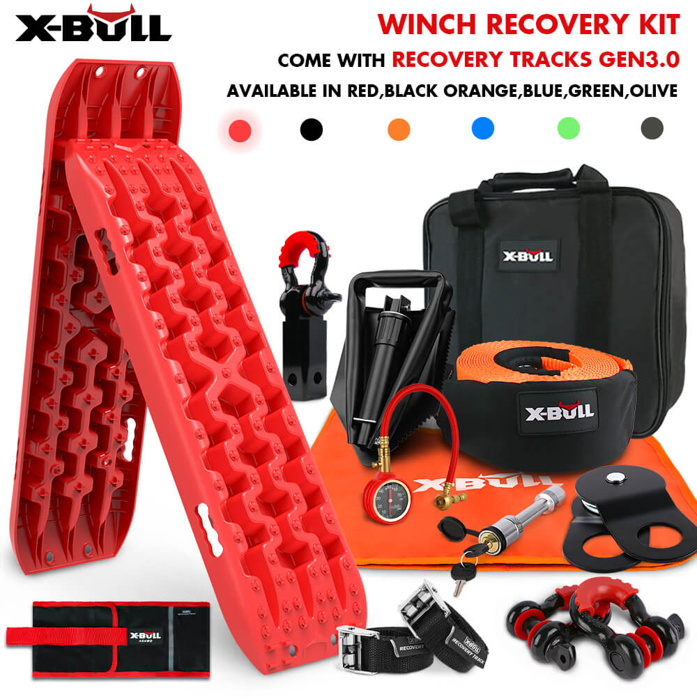 Image of an X-BULL Winch Recovery Kit with Recovery Tracks Boards Gen 3.0 Snatch Strap Off Road 4WD Red, featuring various recovery tools. The kit includes red recovery tracks, a sturdy tow strap, a winch accessory kit with hooks, pulleys, a snatch block, gloves, a storage bag, and additional tools—available in multiple colors.