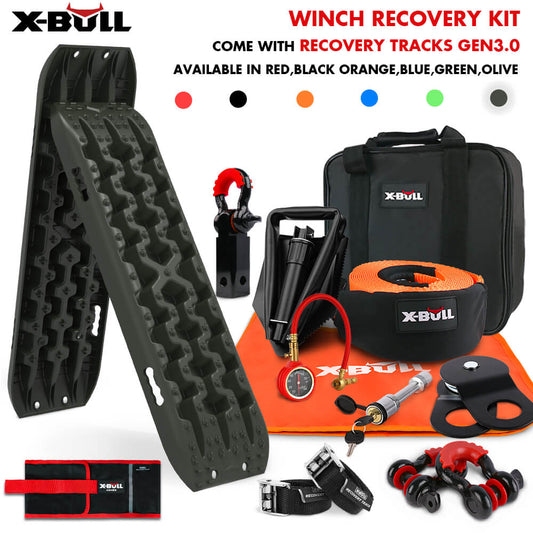 Image of X-BULL Winch Recovery Kit with Recovery Tracks Boards Gen 3.0 Snatch Strap Off Road 4WD Olive. Perfect for any off-roader, the kit includes recovery tracks, a recovery strap, shackles, air compressor, a bag, gloves, and other accessories. The tracks come in red, black, orange, blue, green, and olive colors.