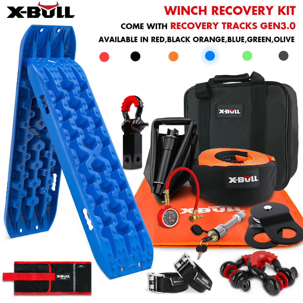 An off-roading gear essential, the X-BULL Winch Recovery Kit with Recovery Tracks Boards Gen 3.0 Snatch Strap Off Road 4WD Blue is displayed alongside various tools and accessories. Items include a carrying case, winch hook, gloves, shackle, and orange tow strap. The text reads “X-BULL Winch Recovery Kit” and lists color options.