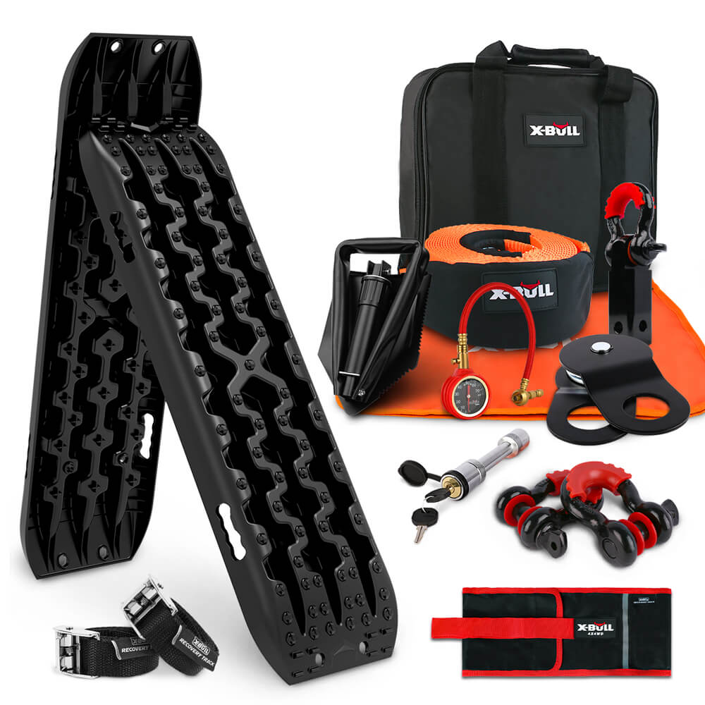 A X-BULL 4WD Recovery Kit Winch Recovery kit Snatch Strap Recovery Tracks Gen3.0 Black featuring black traction boards, an orange tow strap, a black and red tire deflator, a black and red snatch block, heavy-duty gloves, a shackle hitch receiver, a tire repair kit, a hitch pin, and two straps. The logo "X-BULL" appears on some items.