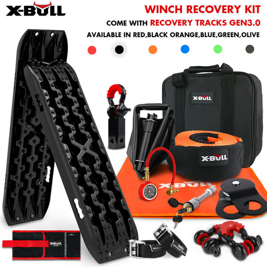 An X-BULL Winch Recovery Kit with Recovery Tracks Boards Gen 3.0 Snatch Strap Off Road 4WD Black is displayed, featuring a pair of black recovery tracks (GEN3.0), winch, gloves, D-ring shackles, tow strap, rope, and various accessories. This comprehensive off-roader gear is showcased with a carrying case and is available in several colors.