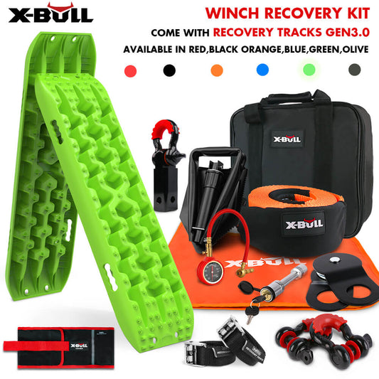 X-BULL Winch Recovery Kit with Recovery Tracks Boards Gen 3.0 Snatch Strap Off Road 4WD Green in green. Includes a winch, hook, bag, gloves, and rope. Available in red, black, orange, blue, green, and olive.