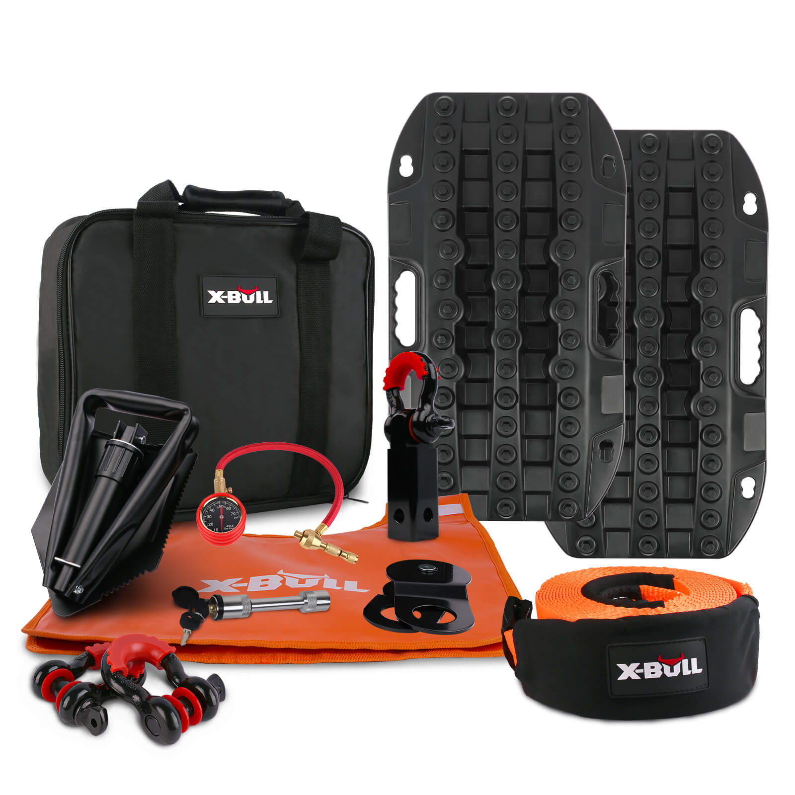 An X-BULL Winch Recovery Kit Snatch Strap Off Road 4WD with Mini Recovery Tracks Boards includes two black traction boards with handles, a black storage bag with an X-BULL logo, an orange tow strap, a multi-tool, an air pump with a pressure gauge, a small black shovel, and a pair of red and black shackles.