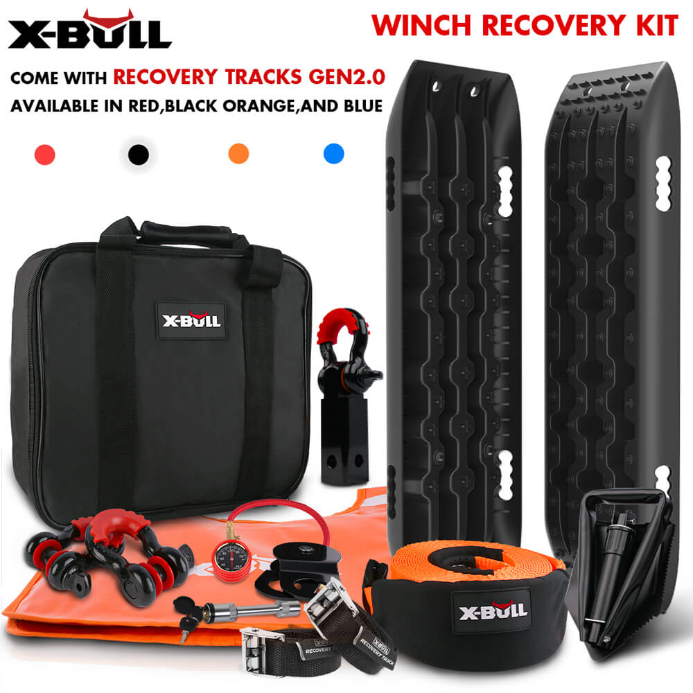 Off-road recovery kit featuring black traction boards, a heavy-duty canvas storage bag, a tow strap with snatch block, an air compressor with gauge, a foldable shovel, a pair of gloves, a D-ring shackle, and additional mounting hardware. All items are branded "X-BULL Winch Recovery Kit Snatch Strap Off Road 4WD with Mini Recovery Tracks Boards.