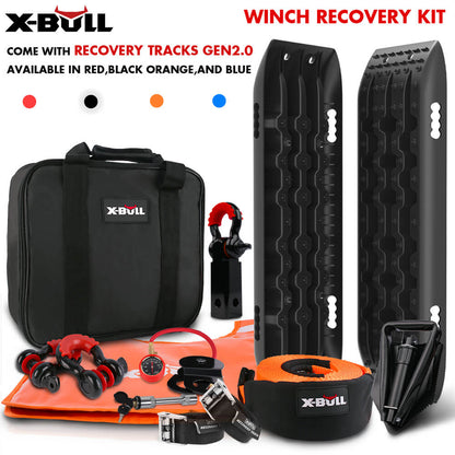 Off-road recovery kit featuring black traction boards, a heavy-duty canvas storage bag, a tow strap with snatch block, an air compressor with gauge, a foldable shovel, a pair of gloves, a D-ring shackle, and additional mounting hardware. All items are branded "X-BULL Winch Recovery Kit Snatch Strap Off Road 4WD with Mini Recovery Tracks Boards.