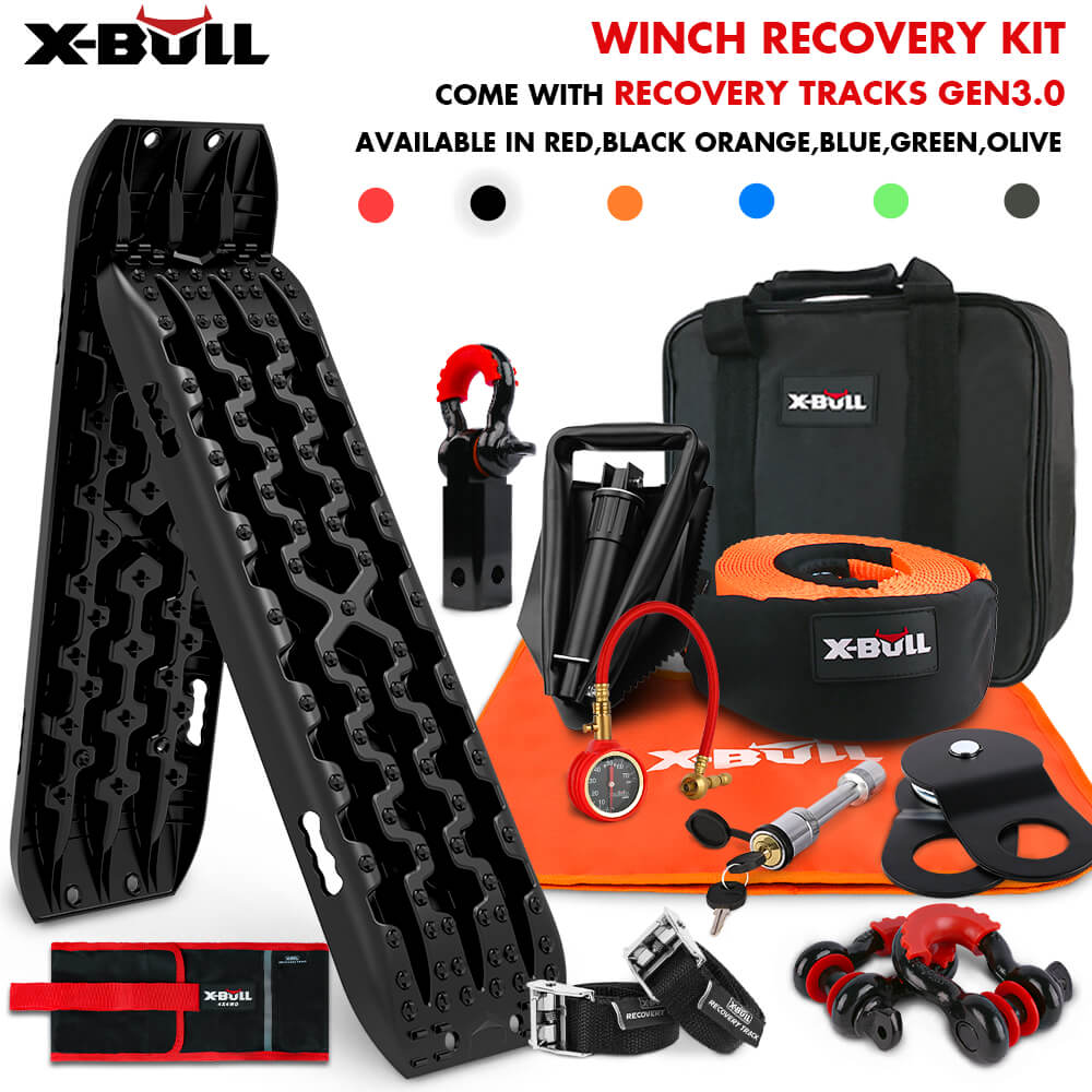 A set of off-roading gear including traction boards, tire deflators, a tow strap, a high lift jack base, an air compressor, shackles, gloves, a storage bag, and other accessories. This comprehensive recovery kit features all items branded with the X-BULL Winch Recovery Kit with Mini Recovery TracksBoards Snatch Strap Off Road 4WD logo.