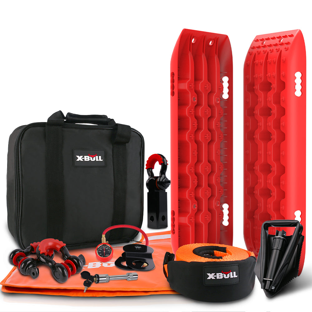 The image shows a set of off-road recovery tools, featuring two red traction boards and a versatile tow strap. It also includes a black and red tire deflator, snatch block, two shackles, gloves, and a black carrying case, all labeled X-BULL 4X4 Recovery Kit Winch Recovery kit With Recovery Tracks Gen2.0 Red.