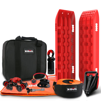 The image shows a set of off-road recovery tools, featuring two red traction boards and a versatile tow strap. It also includes a black and red tire deflator, snatch block, two shackles, gloves, and a black carrying case, all labeled X-BULL 4X4 Recovery Kit Winch Recovery kit With Recovery Tracks Gen2.0 Red.