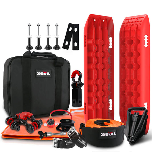 X-BULL Winch Recovery Kit Snatch Strap Off Road 4WD Mounting Pins Recovery Tracks Boards Gen 2.0 RED featuring red recovery tracks, a black storage bag, a shovel, a tow strap, D-ring shackles, a tire gauge, a pair of gloves, several bolts and mounts, and other accessories.