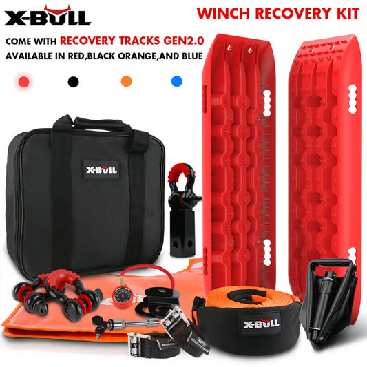 A X-BULL Winch Recovery Kit Snatch Strap Off Road 4WD with Recovery Tracks Gen 2.0 Boards RED, an essential piece of off-roading gear, includes red recovery tracks, a black storage bag, a d-ring shackle, a snatch block, a tire deflator, a red watch, black and red straps, gloves, and other winching accessories. Available in red, black, orange, and blue.