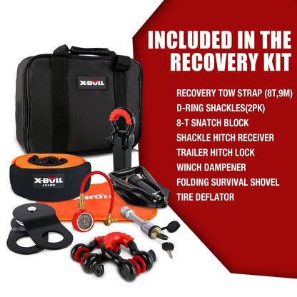 A complete off-road recovery gear kit by X-BULL Winch Recovery Kit 13PCS Recovery tracks /Snatch Strap Off Road 4X4, featuring high-quality recovery tracks, a heavy-duty recovery bag, a high-visibility tow strap, shackles, a tire deflator, an air gauge, a folding shovel, and other essential accessories. Ideal for vehicle recovery in tough terrains.