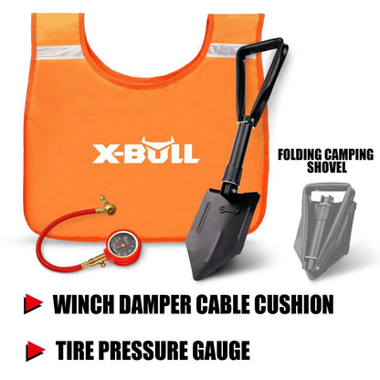 A complete off-road recovery gear kit by X-BULL Winch Recovery Kit 13PCS Recovery tracks /Snatch Strap Off Road 4X4, featuring high-quality recovery tracks, a heavy-duty recovery bag, a high-visibility tow strap, shackles, a tire deflator, an air gauge, a folding shovel, and other essential accessories. Ideal for vehicle recovery in tough terrains.