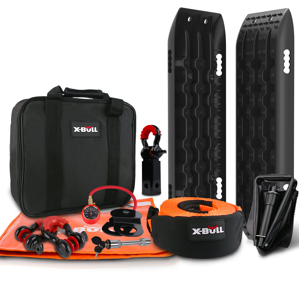 A complete off-road recovery gear kit by X-BULL Winch Recovery Kit 13PCS Recovery tracks /Snatch Strap Off Road 4X4, featuring high-quality recovery tracks, a heavy-duty recovery bag, a high-visibility tow strap, shackles, a tire deflator, an air gauge, a folding shovel, and other essential accessories. Ideal for vehicle recovery in tough terrains.