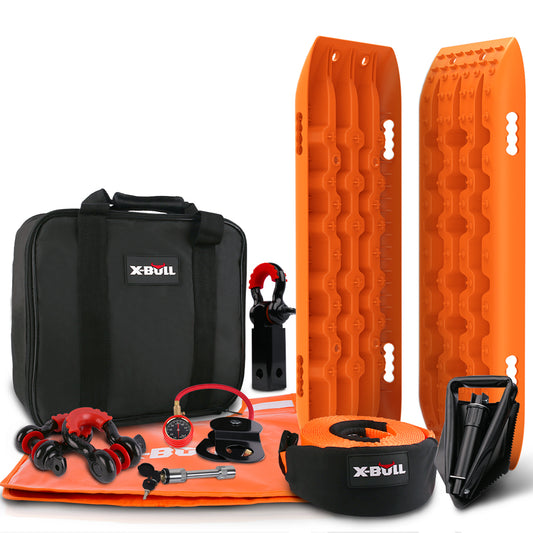 A complete off-road recovery kit including two bright orange traction boards with a honeycomb design, a sturdy carrying case, tow straps, shackles, gloves, and other recovery tools. The carrying case and traction boards are branded with "X-BULL Winch Recovery Kit Snatch Strap Off Road 4WD with Recovery Tracks Gen 2.0 Boards". Ideal for any winch accessory kit.