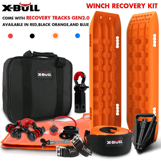 Image of the X-BULL Winch Recovery Kit Snatch Strap Off Road 4WD with Recovery Tracks Boards Gen 2.0, perfect for off-roading, featuring two orange traction tracks (Gen 2.0), a black carrying case, a tow strap, gloves, shackles, and various mounting accessories. Available colors are red, black, orange, and blue as indicated by colored text dots above.